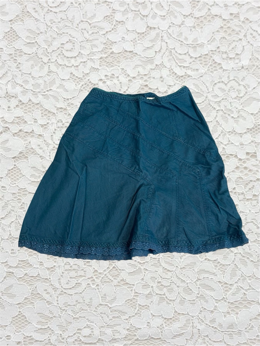 vintage turquoise corduroy midi skirt with lace trim